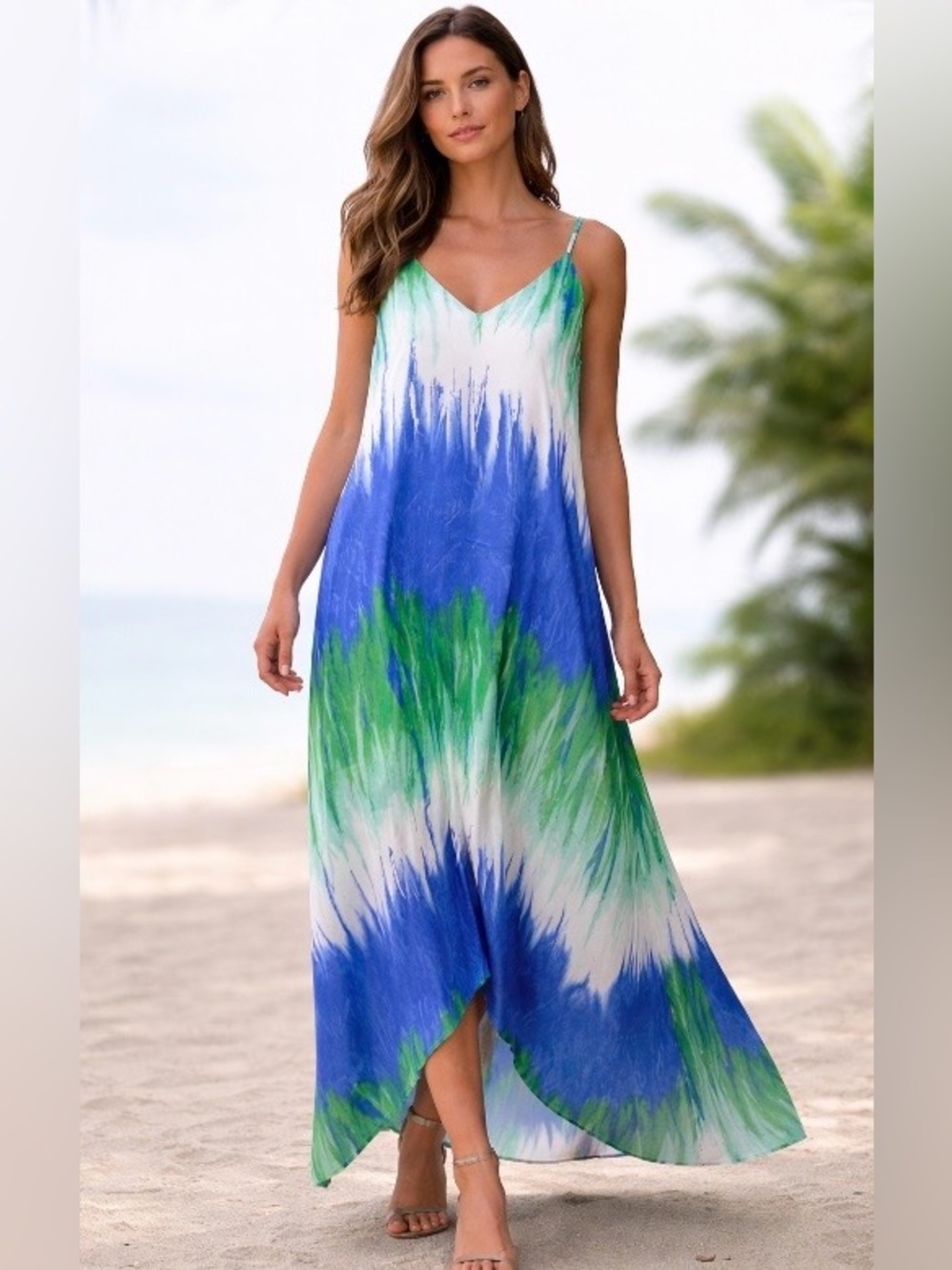 She + Sky Blue Green Abstract Print Maxi Dress Size M Spaghetti Strap